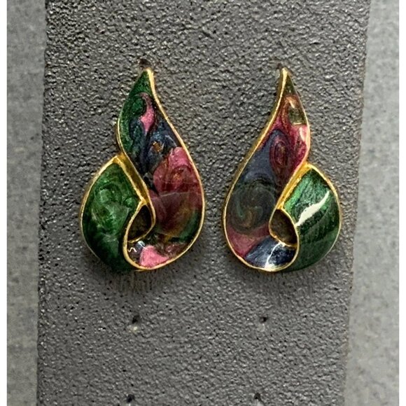 Swirled Teardrop Pierced Earrings 1.25 In Blue Green Purple Enamel Gold Retro - Picture 1 of 6